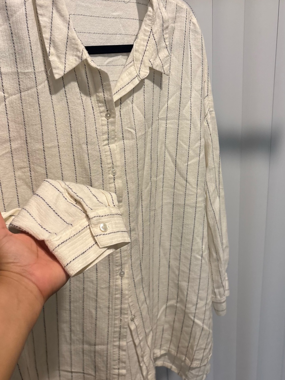 Eileen Fisher Cream Button-Front Shirt with Navy Stripes - Picture 3 of 9